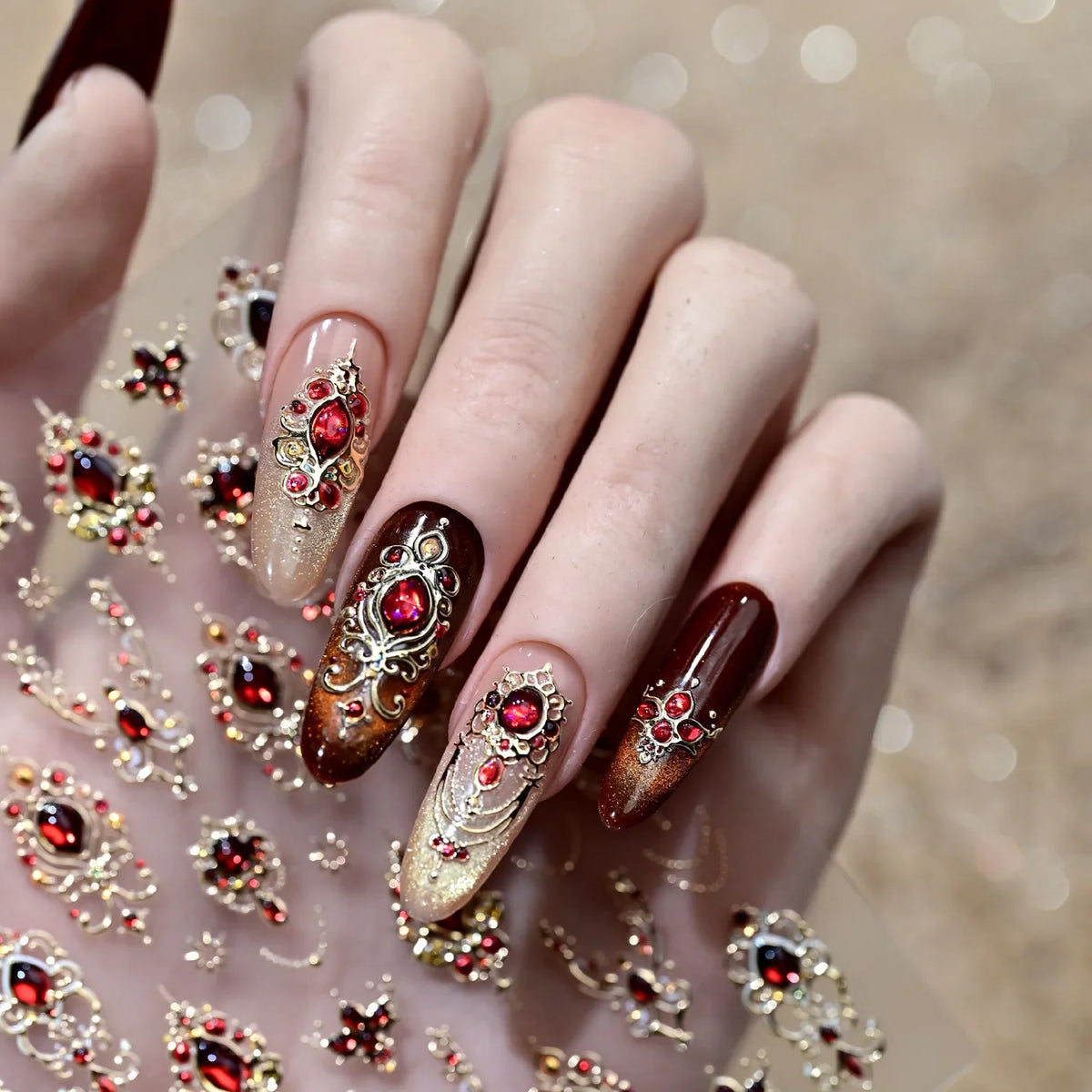 5D Luxurious Emerald Ruby Baroque Scepter Nail Stickers Shiny Palace Imitation Gemstone Jewelry Manicure DIY Decals Accessories