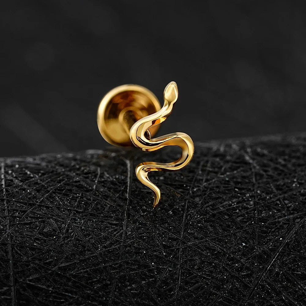 Right Grand ASTM F136 Titanium Mini Snake Cartilage Earring 16G Tiny Serpent Flat Back Labret Helix Tragus Stud Piercing Jewelry