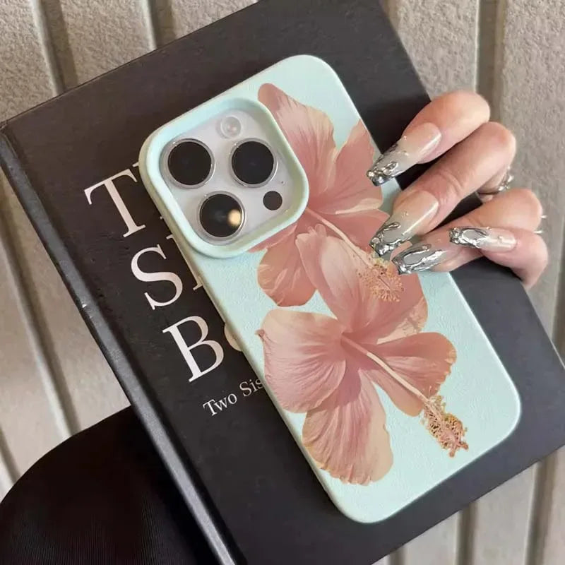 Pink Hibiscus Elegant High Aesthetic Phone Case For iPhone 16 Pro Max 15 14 13 12 11 16 15 14 Plus Anti-Drop Protective Cover