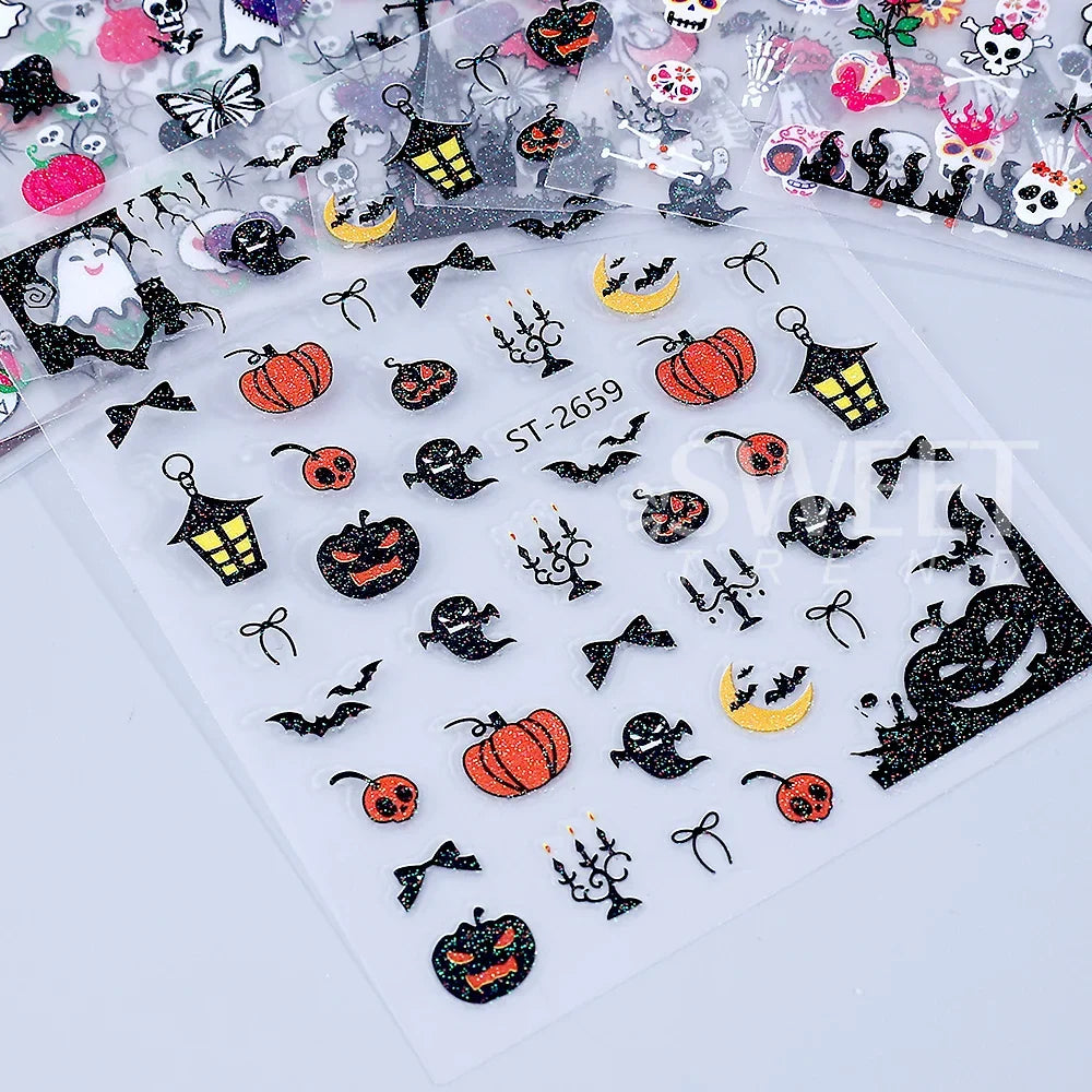 SWEET TREND-12pcs 3D Halloween Nail Stickers Cute Pumpkin Ghost Spider Skull Bow Flower Design Nail Slider Decals Manicure Decor