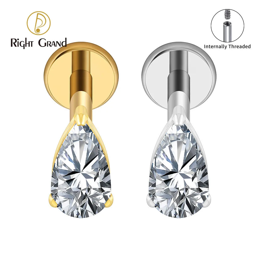 Right Grand ASTM F136 Titanium Teardrop CZ Cartilage Earring 16G Dainty Pear Forward Helix Stud Flatback Labret Piercing Jewelry