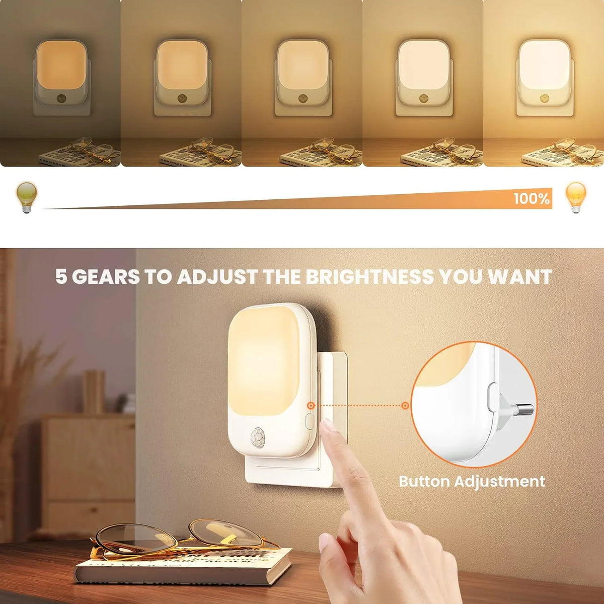 1pc/2pcs/4pcs/10pcs Smart LED Night Light with Sensor, Adjustable Brightness, Motion Sensor Night Light, Warm White