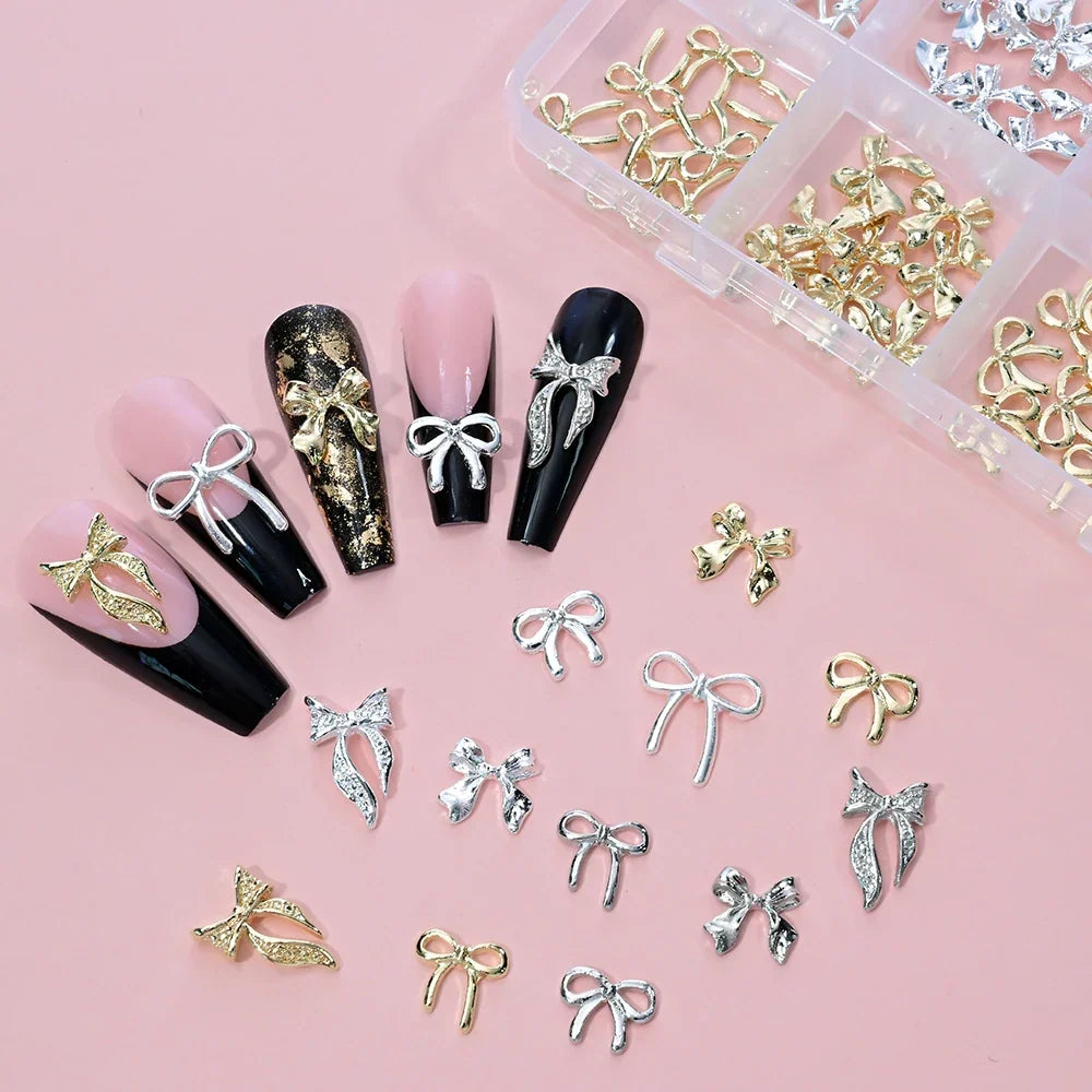 96/50Pcs 3D Bowknot/Ribbon Metal Nail Art Charms Sliver/Gold Alloy Bows Nails Rhinestones Decor Luxury DIY Manicure Accessories