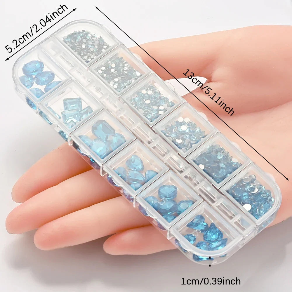 12Grids 3D Lake Blue Mixed Shape Nail Rhinestones Square/Round/Heart Glass Diamond Nail Art Charms Luxury Manicure Jewelry Gems