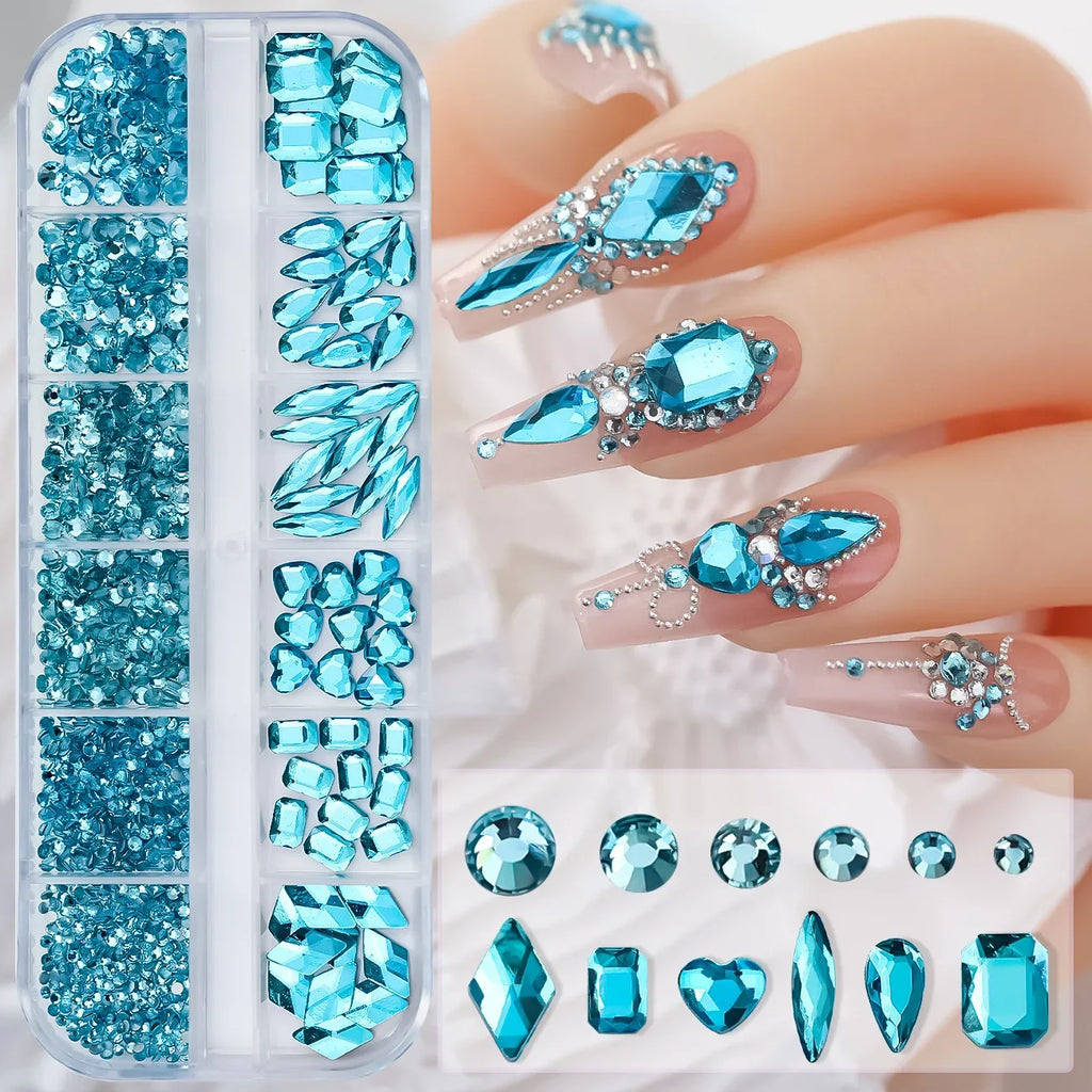 1000pcs+ Lake Blue Nail Rhinestones 12 Grids Mixed Shaped Non Hot Fix Flatback Crystal Nail Decoration DIY Luxury Nail Supplies