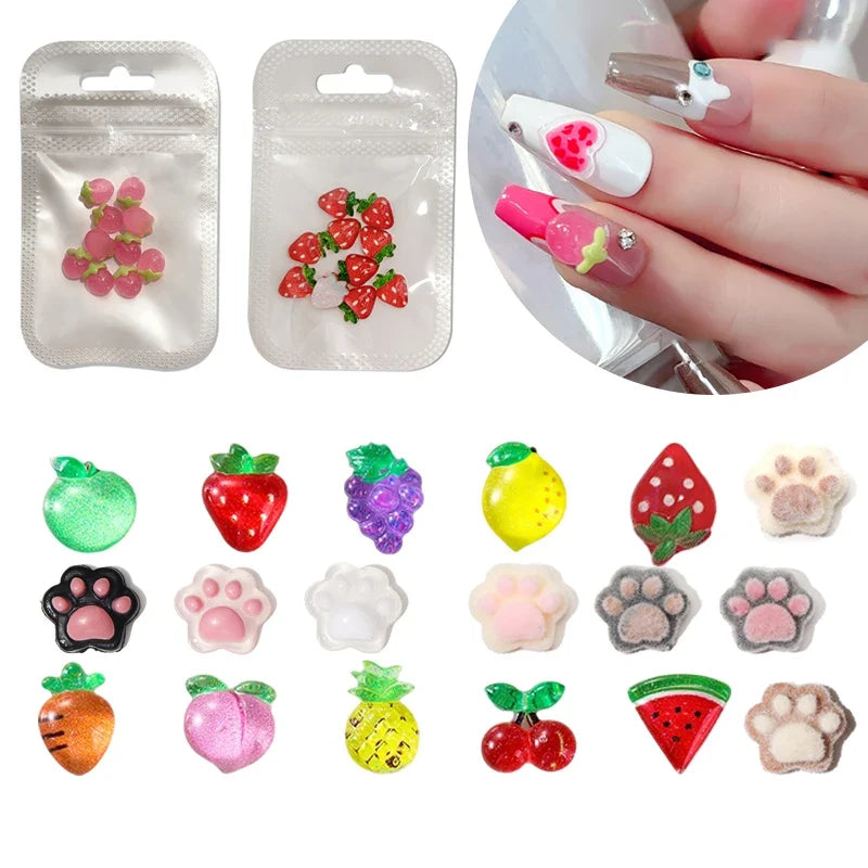 10pcs Nail Art Charms Resin Mini Cherry Strawberry Nail Art Flat Back Stone Figurines Scrapbook DIY Jewelry Decor Crafts