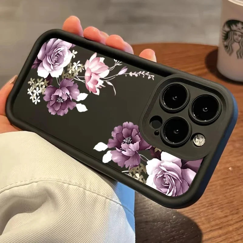 Purple Flower Pattern Phone Case For iPhone 17 16 15 14 13 12 11 Pro Plus Max XR 17 Air 16E Shockproof Soft Silicone Back Cover