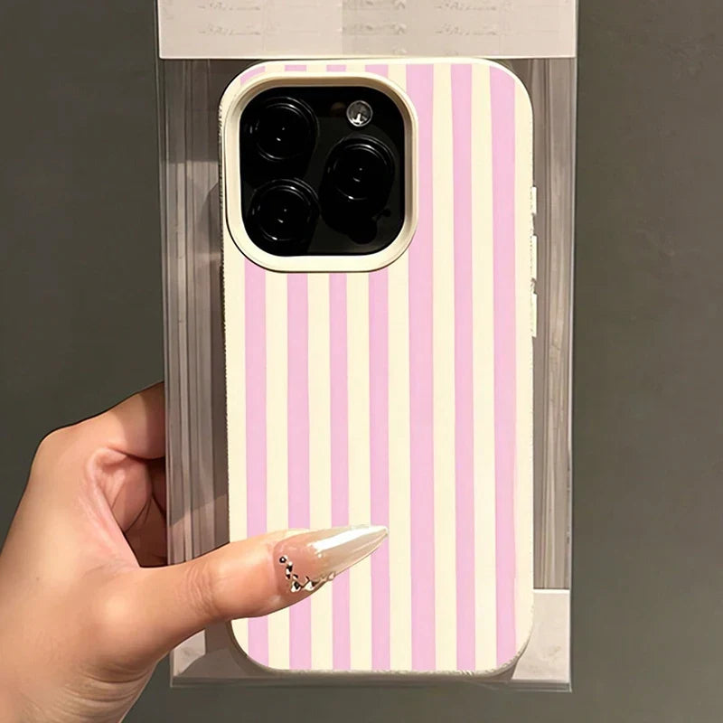 Simple Pink Vertical Striped Lichee Pattern Phone Case For IPhone 17E 17Air 16E 15 14 13 12 11 Pro Max 16 15 14 Plus Cover Case