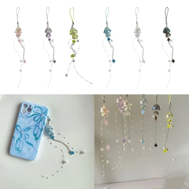 Phone Charm Strap Keychain Kawaii-Cute Crystal Jellyfish Pendant  Phone Chain Bowknot Phone Charm Keycord for  iPhone Camera Bag