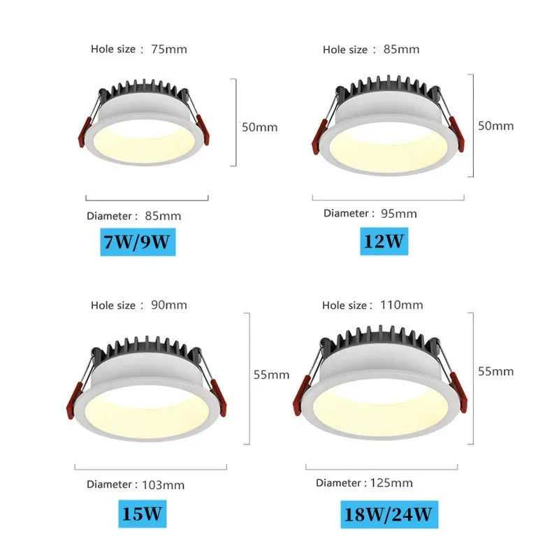 Recessed Anti-glare LED COB Downlight 18W 24W Dimmable 85-265V Ceiling Lamp Spot Light 12W 15W Home Living Room Bedroom Lighting