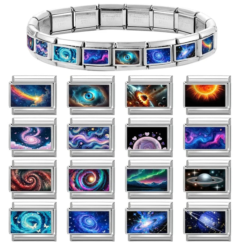 2026 Wholesale Shiny Moon Stars Night Sky Black Italian Charm Links Fit 9mm Stainless Steel Bracelet Women DIY Making Gift
