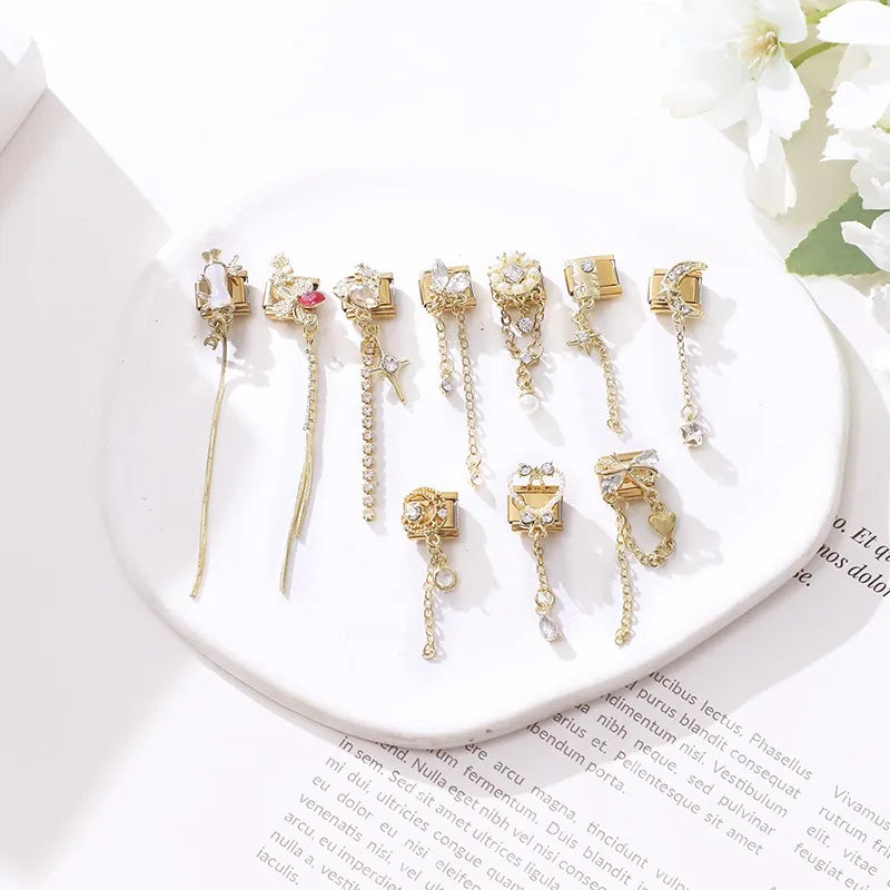 Fashion Dreamy Luxury Gold Color Series Red Heart Bows Zircon  Italian Charms Fit 9mm Stainless Steel Women Bracelet DIY Jewelry