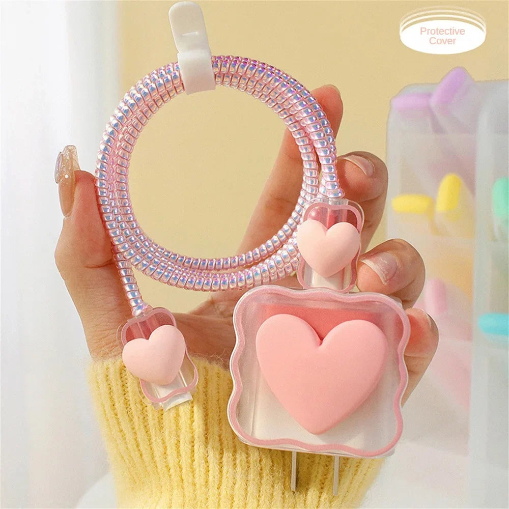 6PCS 3D Love Heart Silicone Charger Cable Protector Case Storage Bag For iPhone 20W 18W Charging Head Protective Cover Organizer