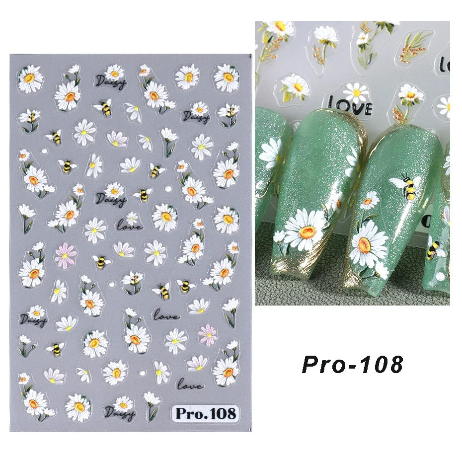 5D Daisy Flower Nail Stickers Cute Bee Blossom Petal Insect Self Adhesive Manicure Decal DIY Spring Summer Nail Art Decoration