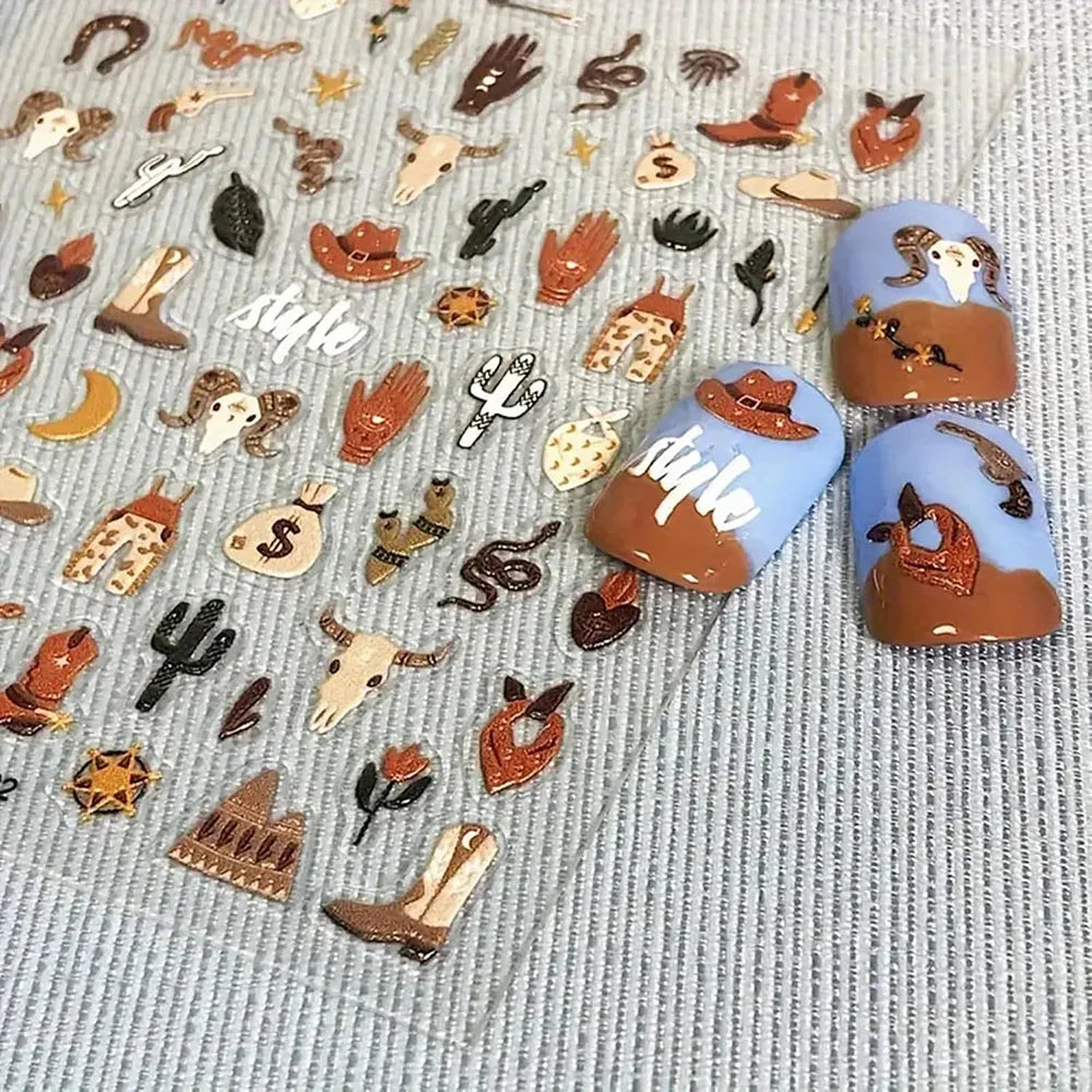 Morocco Style Exotic Nail Decals 5D Adhesive Nail Supplies Snake Cowboy Clothing Cow Nail Sticker Decals Women Manicure Slider