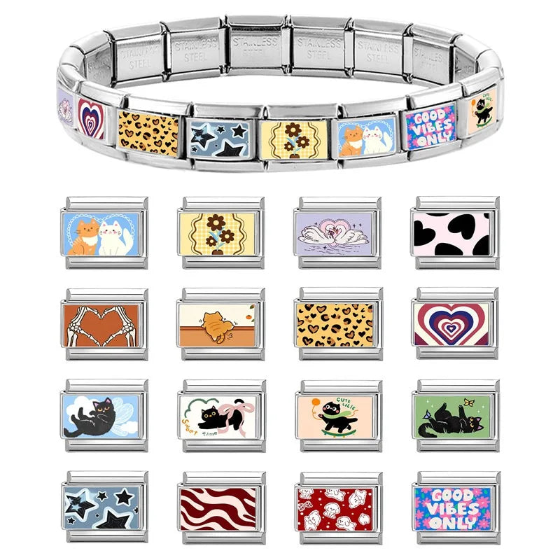Wholesale Cute Funny Cats Catch Fish Dried Fish Charm Bracelet Fit 9mm Bracelet Stainless Steel Italian Links Making DIY Jewelry