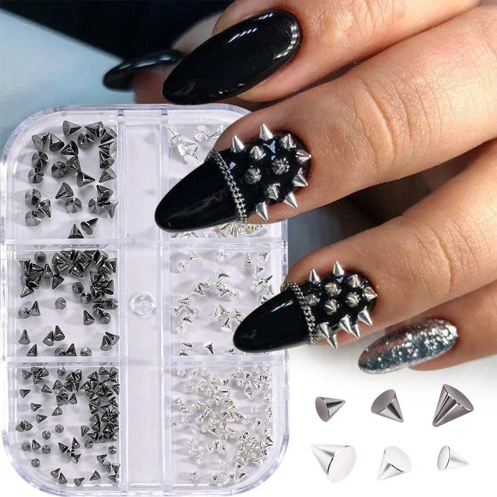 6Grids Halloween Punk Rivets Nail Art Charms Gold/Silver/Black Cone Spike Studs Nails Decorations DIY Cool Manicure Accessories