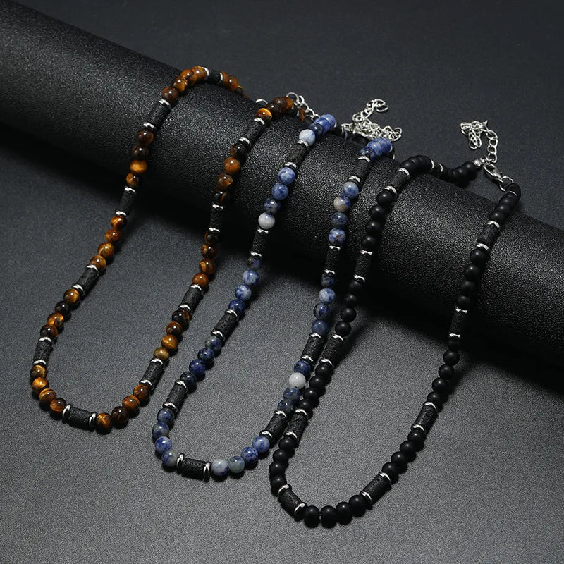 New Bohemian Men's Beaded Necklace Tiger Stone Natural Stone Fashion Trend Design Minimalist Necklace Commemorative Gift