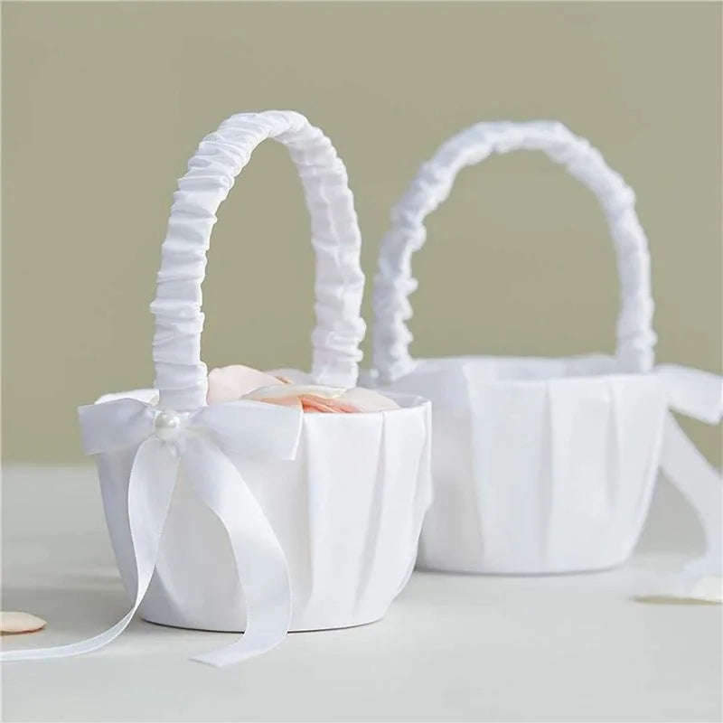 1/2pcs Satin Pearl Knot Flower Basket For Girls, Ring Holder, White Flowers, Wedding Accessories, Ladies Supplies, 2024