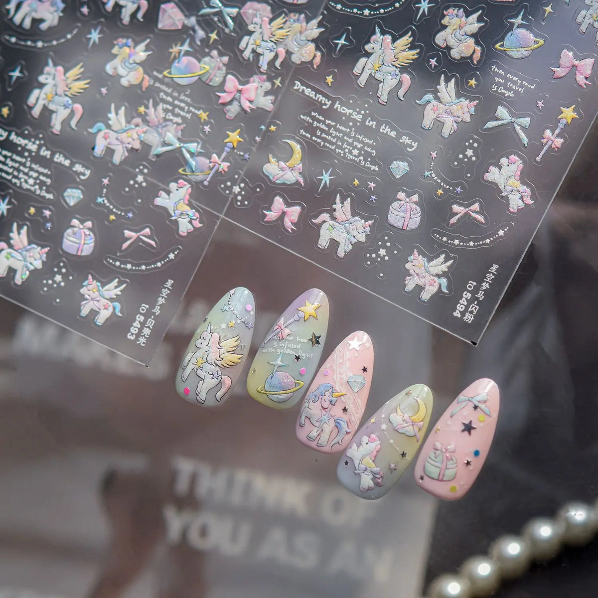 5D Fantasy Y2K Nail Decals Laser Holographic Unicorn Star Moon Gem Diamond Gift Box Self-adhesive Nail Art Sticker Fantasy Girl