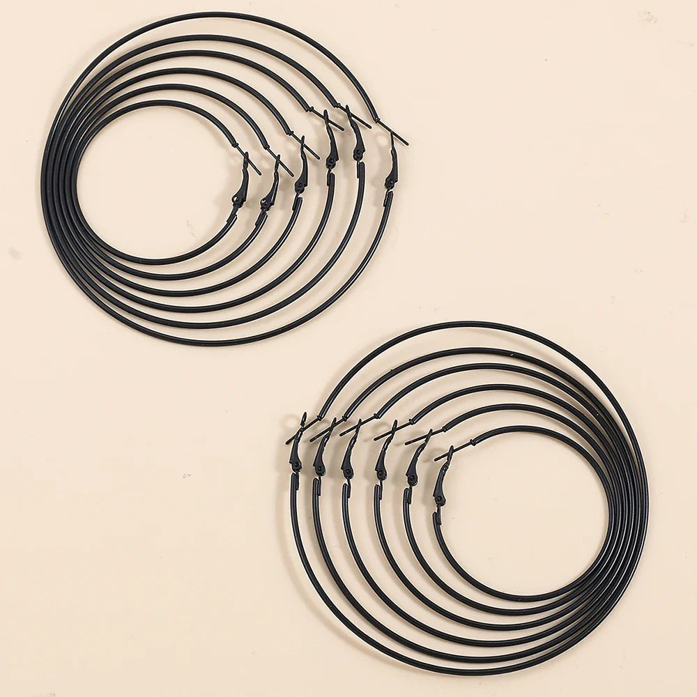 5 Sizes Stainless Steel Black Round Circle Hoop Earrings for Women Punk Exaggerated Smooth Statement Earring Gothic Jewelry Gift