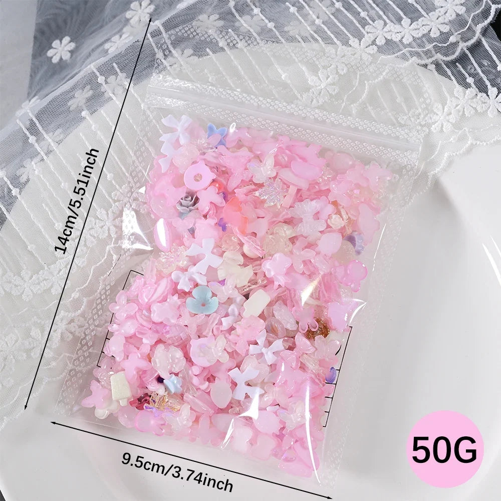 50g/Bag Random Blue Mixed Bow/Flower Nail Art Charms 500-600pcs  Resin Camellia/Bowknot Nails Decoration DIY Manicure Accessorie
