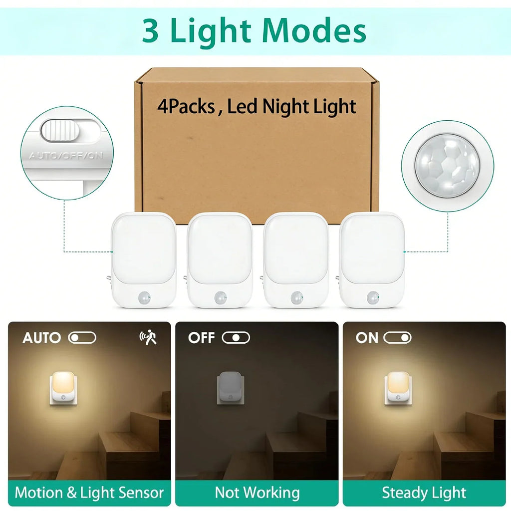 1pc/2pcs/4pcs/10pcs Smart LED Night Light with Sensor, Adjustable Brightness, Motion Sensor Night Light, Warm White
