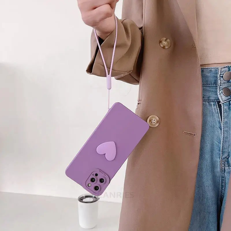 Cute 3D Love Heart Silicone Case For Iphone 14 Plus 13 Pro Max 12 Mini 11 X Xs Xr 7 8 14plus Iphone14 Lanyard Wrist Strap Cover