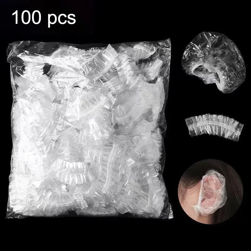 100PCS Disposable Waterproof Ear Covers for Hair Dye, Transparent Elastic Earmuffs Protective Plastic Wrap for Shower Salon