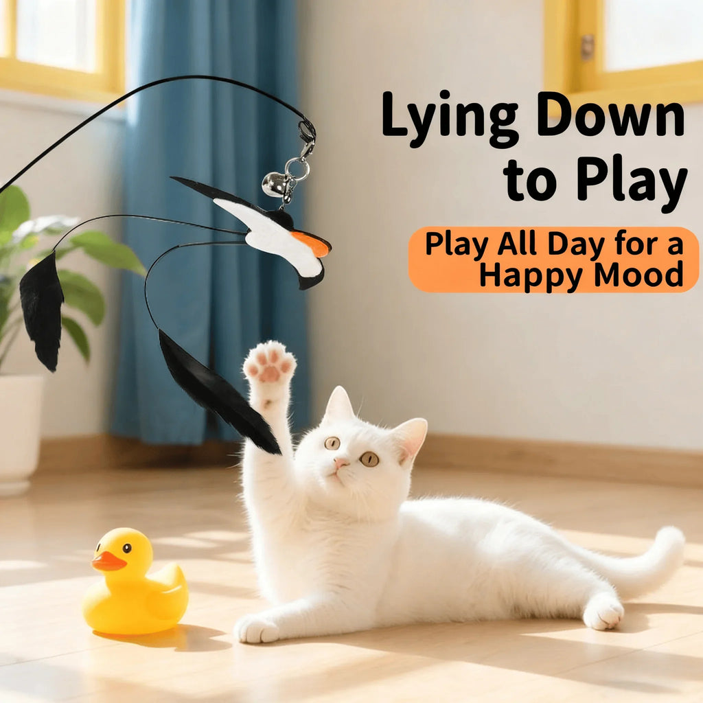 Small swallow cat teaser stick with long rod, steel wire with bell feather replacement head, cat toy to relieve boredom, pet toy