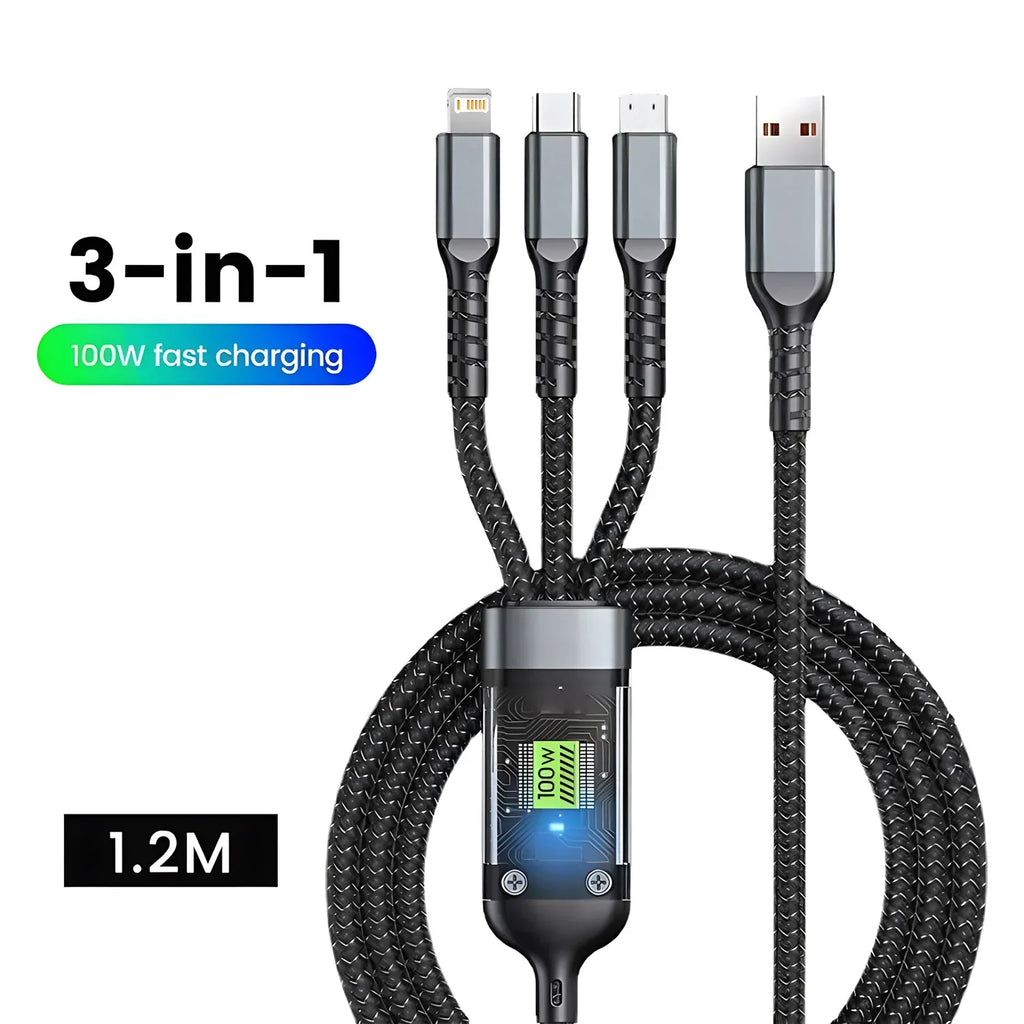 100W 3 In 1 Super Fast Charge Cable Transparent Luminous Super Fast Charge Type C USB Cable Multi Extension For Android