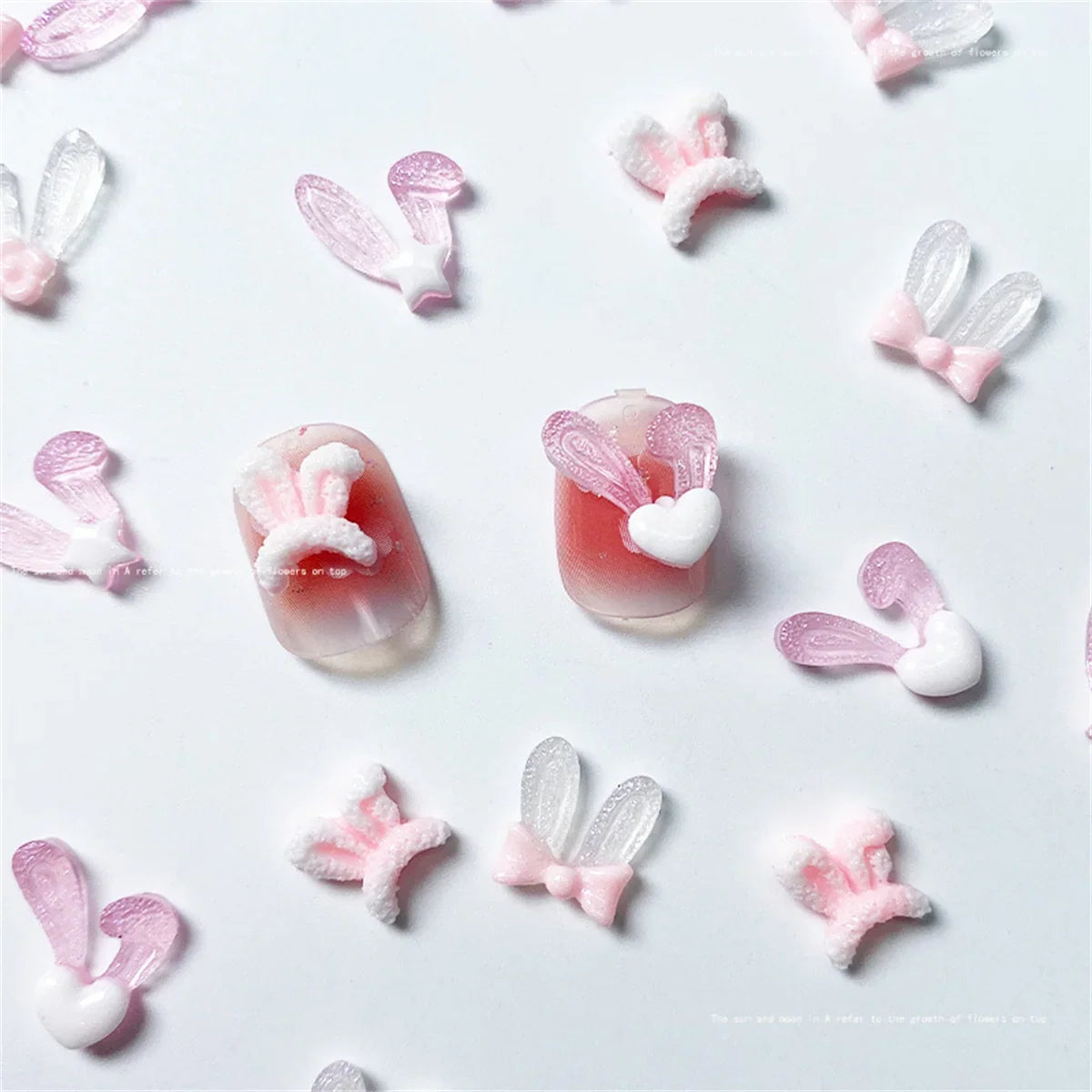 20pcs 3D Korean Rabbit Ear Resin Nail Art Charms Pink White Bunny Kawaii Jewelry Nail Rhinestones Decorations Accessories DIY
