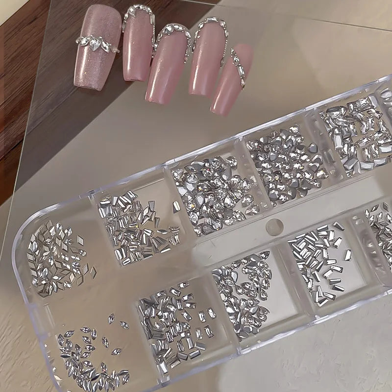 KANIU 1 Box Shiny Clear Crystal Gems Nail Rhinestones Glass AB Flat-bottomed Mixed Fancy-shaped Diamonds Manicure Decorative Set
