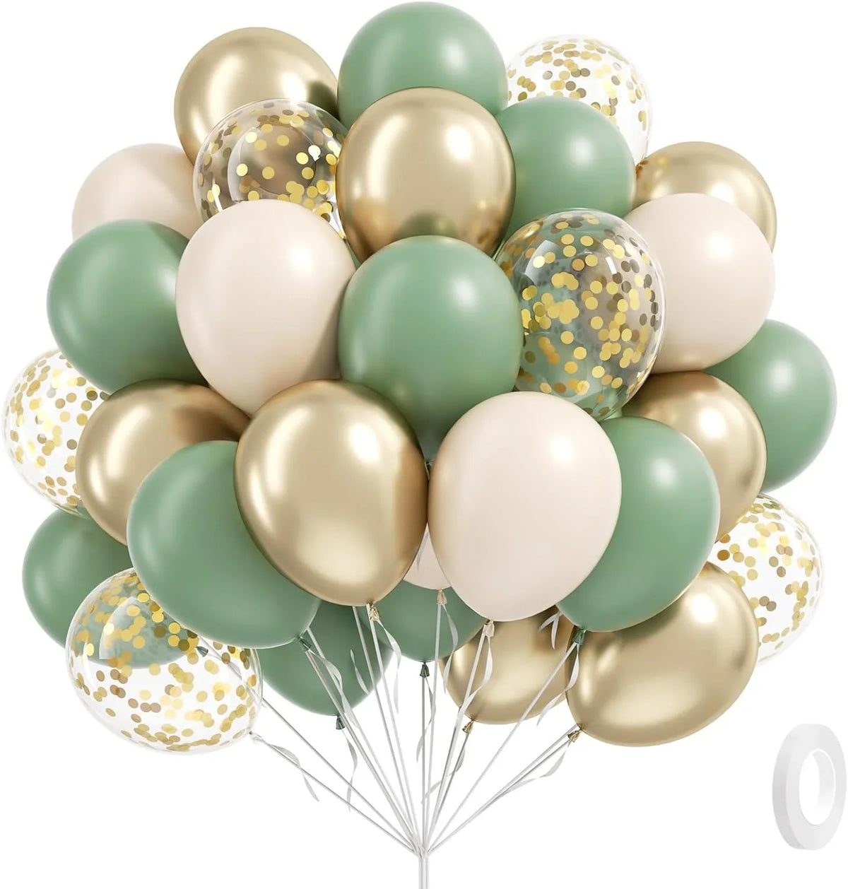 60Pcs Sage Green Sand White Metallic Gold Confetti Balloons for Boho Birthday Wedding Bridal Baby Shower Engagement Party Decor