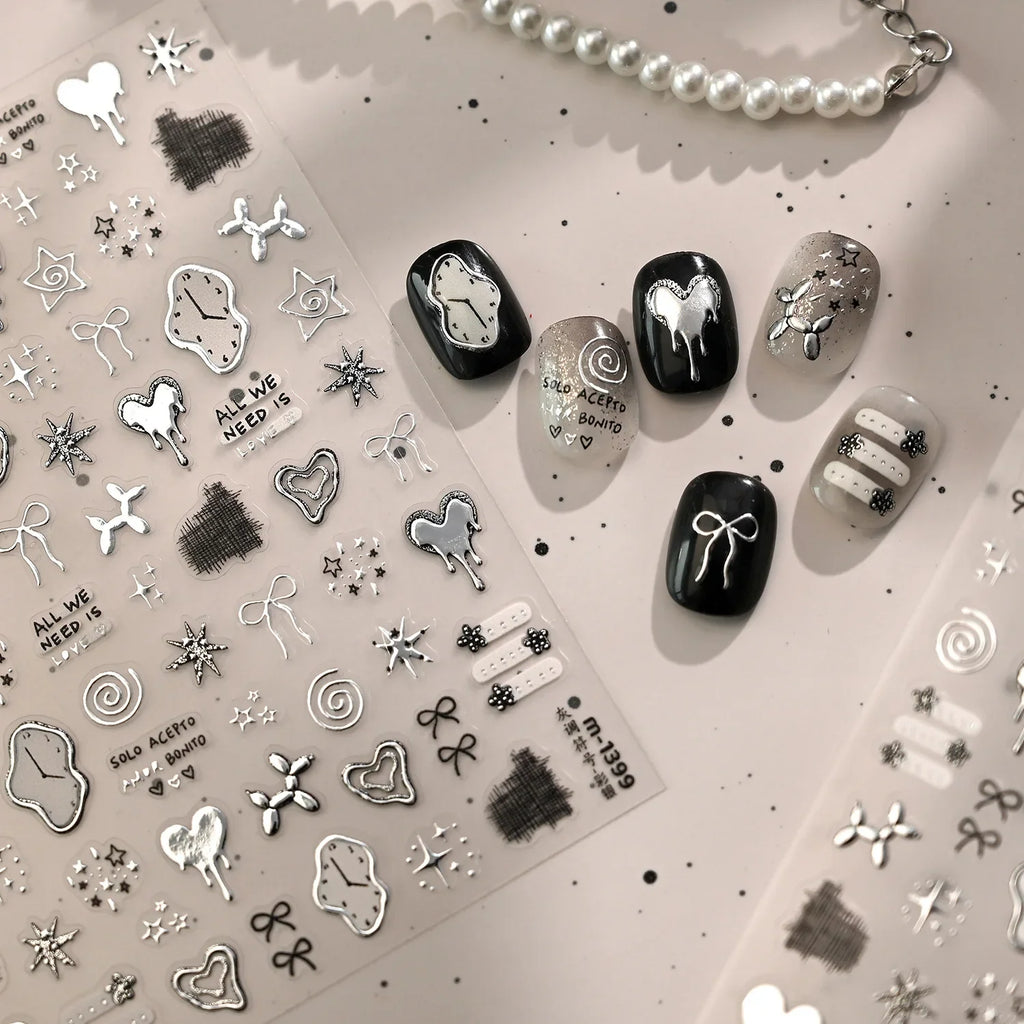 5D Nail Stickers Cute Stars Bow Nail Art Stickers Silver Metallic Metal Graffiti Gray Y2K Symbol DIY Nail 3D Decorations Decals