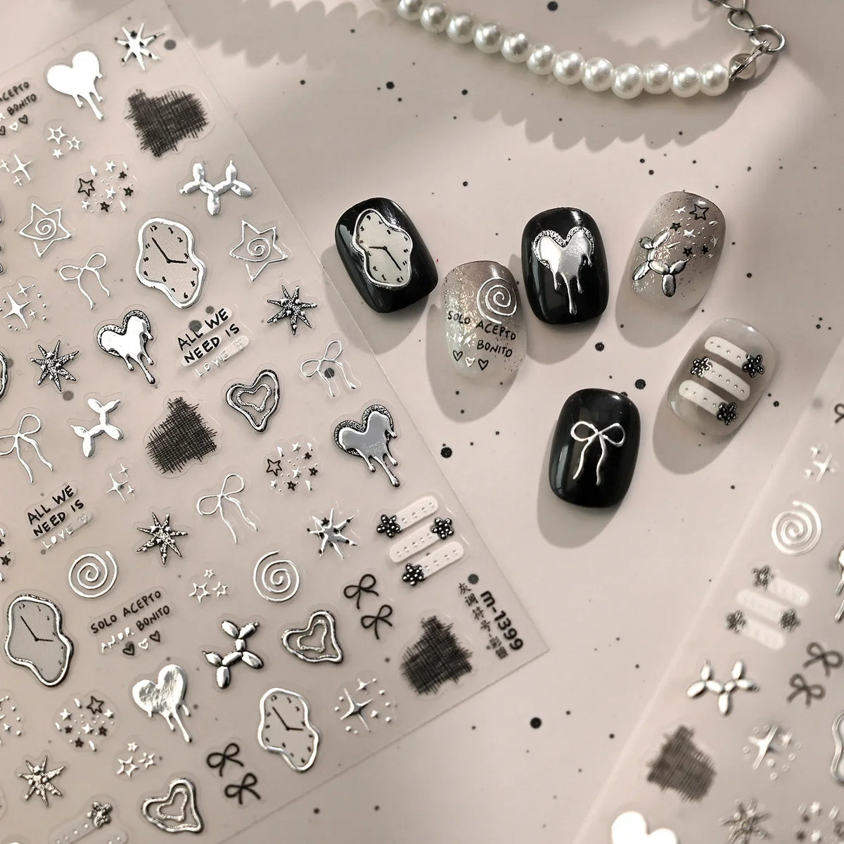 5D Nail Stickers Cute Stars Bow Nail Art Stickers Silver Metallic Metal Graffiti Gray Y2K Symbol DIY Nail 3D Decorations Decals