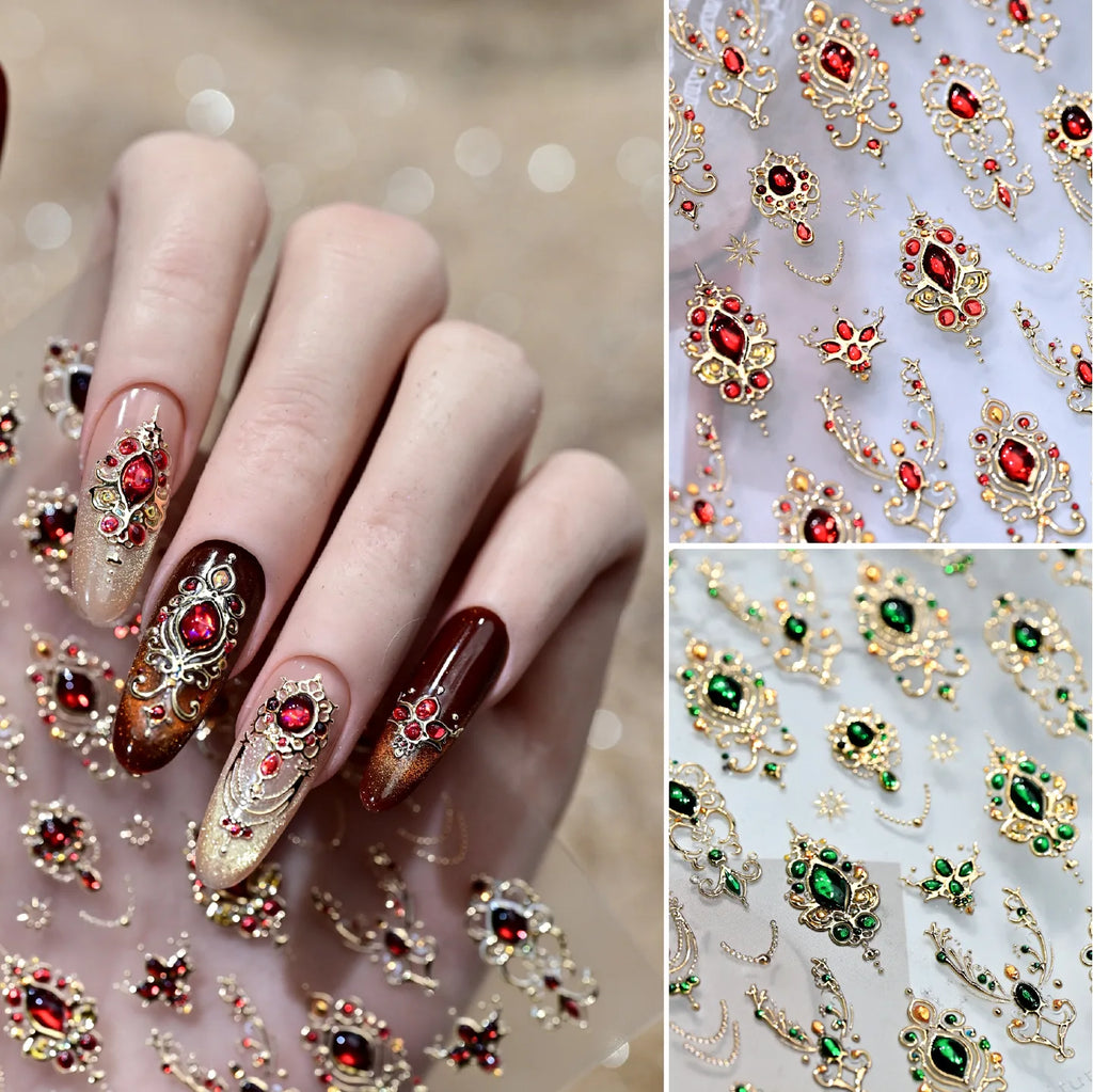 5D Luxurious Emerald Ruby Baroque Scepter Nail Stickers Shiny Palace Imitation Gemstone Jewelry Manicure DIY Decals Accessories