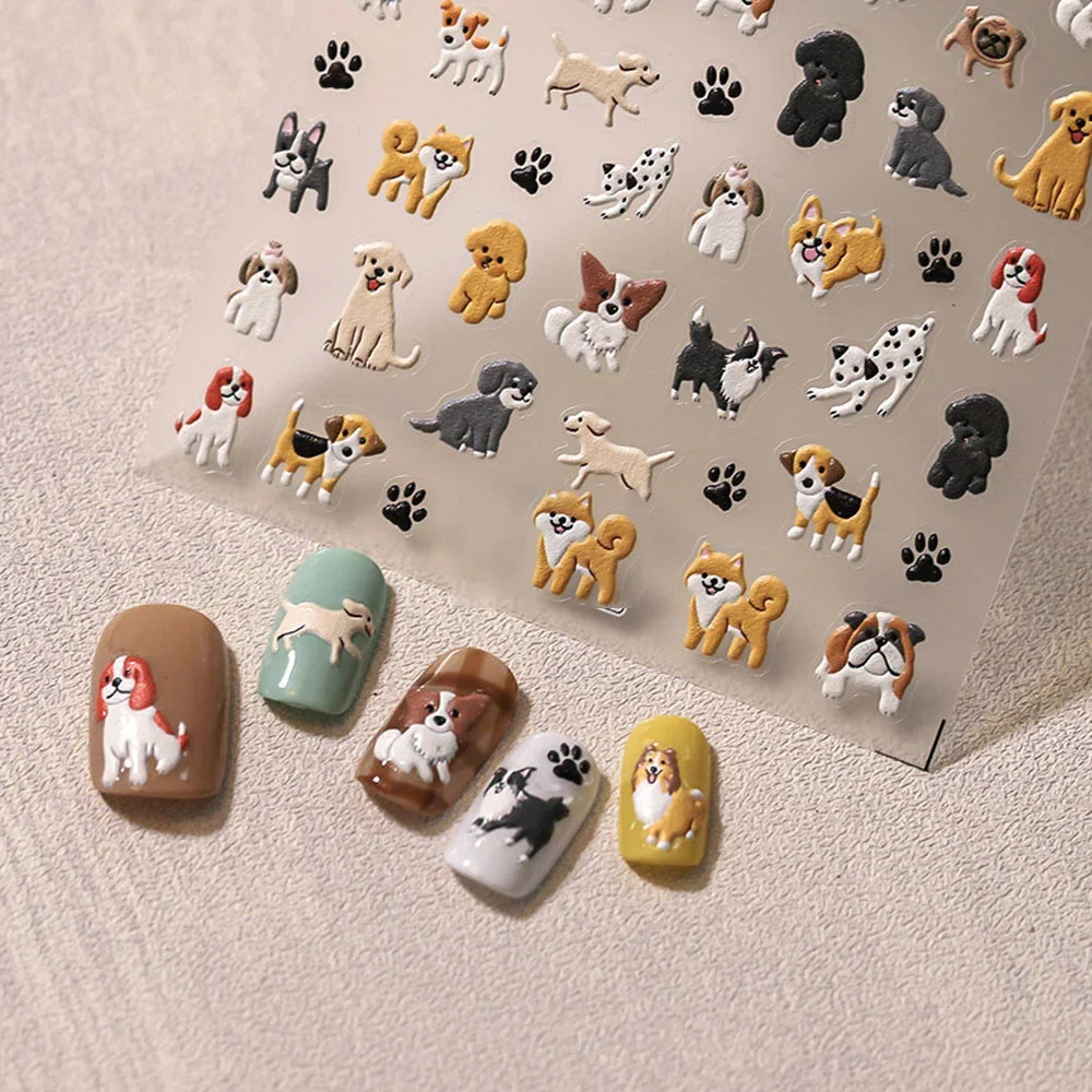 5D Cute Cartoon Dog Nail Art Stickers Decals Self-adhesive Slider 5D Embossed Nail Sticke Lovely Dog Manicure Design Supplies