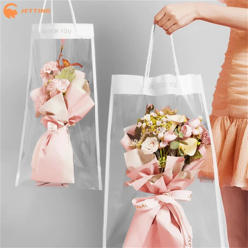 (New) 10Pcs Florist Plastic Bag Bouquet Gift Bag Packaging Bags Transparent Flowers Wrapping With Handle Party Supplies