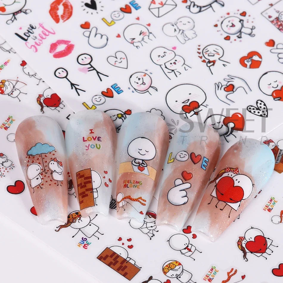 4pcs Valentine's Day Nails Stickers Cute Cartoon Love Heart Line Sliders for Nail DIY Design Self Adhesive Decals Manicure Decor