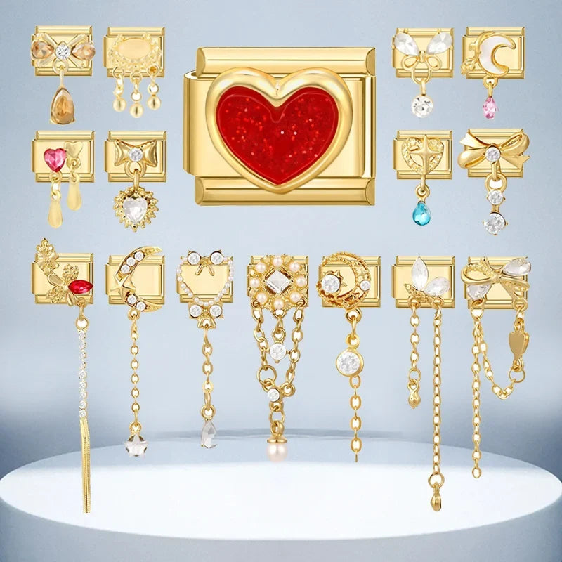 Fashion Dreamy Luxury Gold Color Series Red Heart Bows Zircon  Italian Charms Fit 9mm Stainless Steel Women Bracelet DIY Jewelry