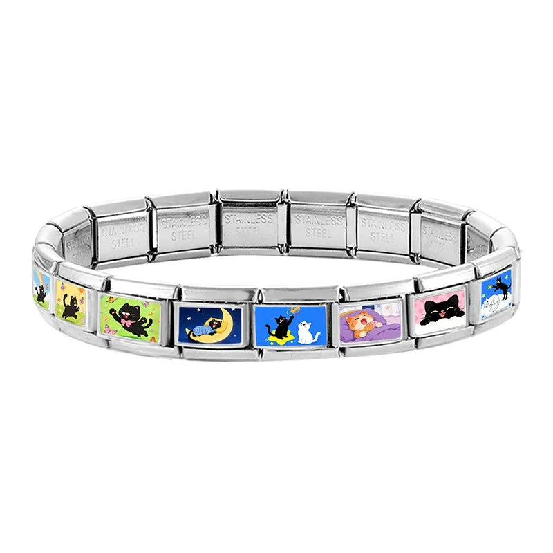 2026 Wholesale Rainbow Cloud Cat Stars Moon Cat Charm Bracelet Fit 9mm Bracelet Stainless Steel Italian Links Making DIY Jewelry
