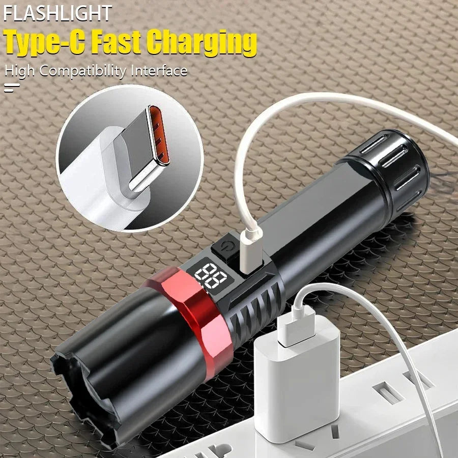 Super Bright LED Flashlight USB Rechargeable Flashlights with Tactical Zoom High Power Spotlight Outdoor Camping Fishing Torch