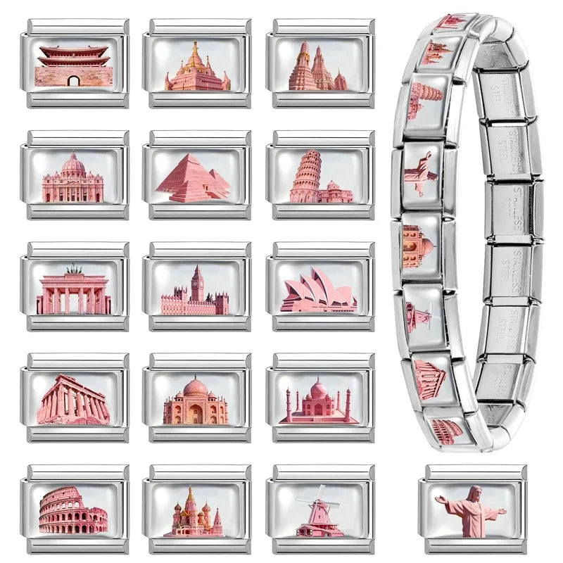 2026 World Scenery Saint Basil's Cathedral St. Peter's Basilica‌ Italian Charm Links Fit 9MM Stainless Steel Bracelet DIY Making