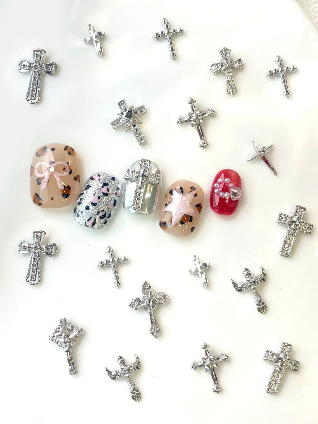 50pcs Punk Mix Shape Silver Cross Nail Art Charms INS 3D Cross with Wing Heart Nail Decoration Accessories DIY Design