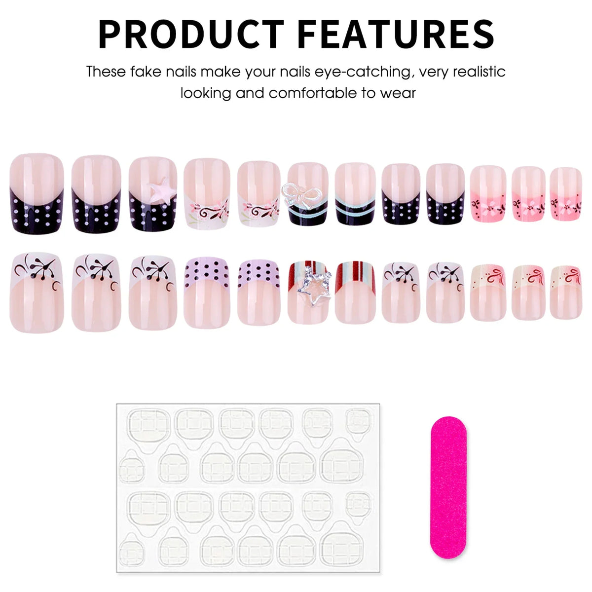 24pcs Stripes Polka Dot Colorful French Style False Nails Silver Metal Bowknot Stars Decor Press On Nails Y2k Square Fake Nail