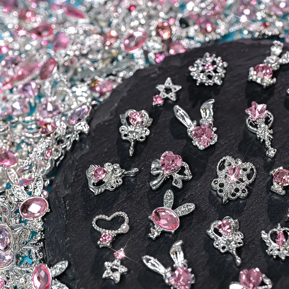 30pcs Mixed Set Golden Alloy Rabbit Nail Decoration Five-Pointed Star Heart Pink Diamond Nail Charms Metal Bow Nail Rhinestones