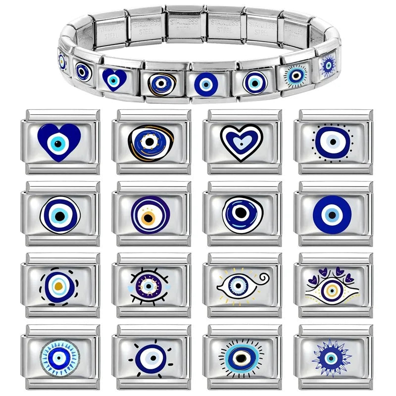 Wholesale New 2025 Devil Eye Blue Eye Heart Square Beads fit Italian Charm Links 9mm Stainless Steel Bracelet Jewelry DIY Making