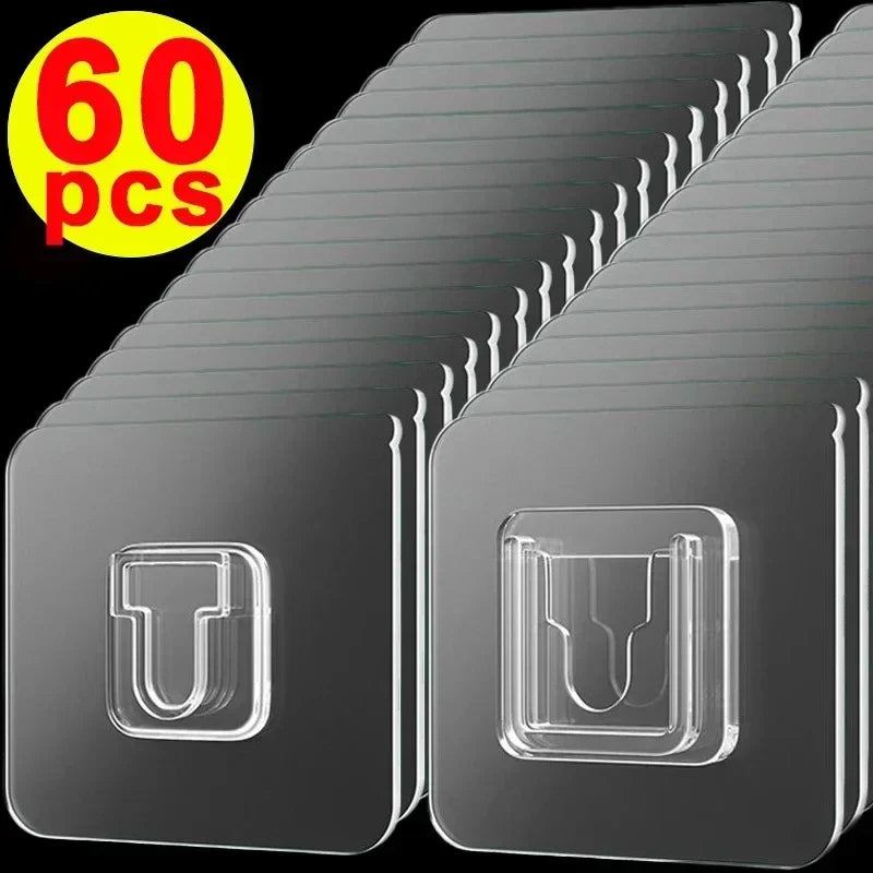 10-60pcs Heavy Duty Adhesive Wall Hooks, Transparent Waterproof No Drill, Strong Hold for Bathroom Kitchen Home Organization