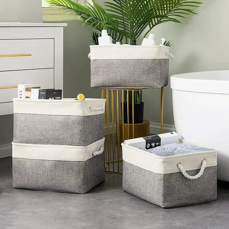 Linen Foldable Storage Basket Collapsible Sundries Storage Box with Rope Handle for Kids Toys Books Underwear Socks Organizer